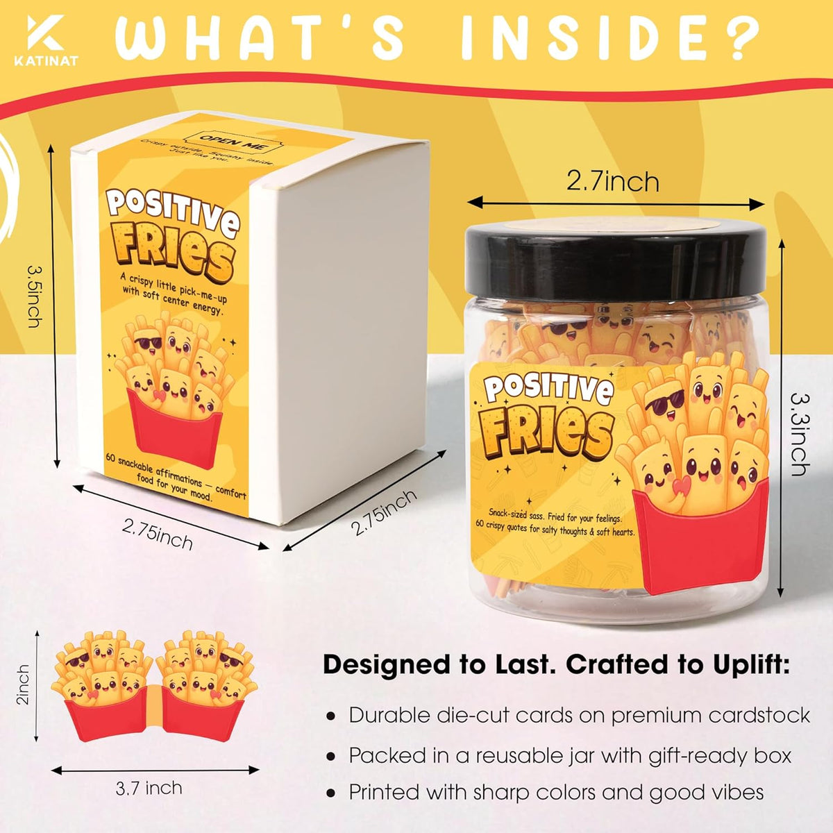 Positive Fries Jar – 60 Funny Affirmation Cards, Emotional Support Fries for Friends, Teens