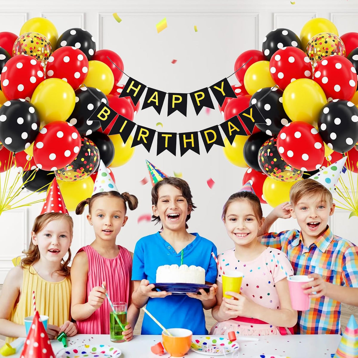60pcs Red and Yellow Balloons 12inch with Red Print Confetti Black and Yellow Balloons for Baby