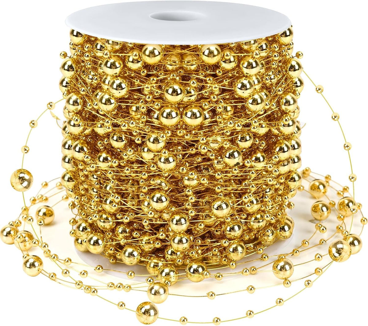 JULBEAR Beads Garland Decoration,1 Rolls 131 Feet Gold Christmas Pearl Strands Chain Bead Garland