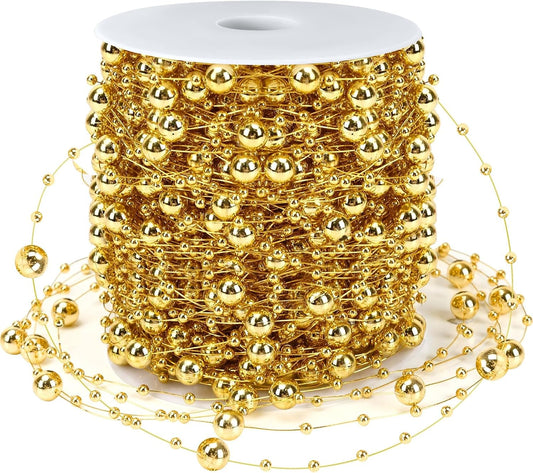 JULBEAR Beads Garland Decoration,1 Rolls 131 Feet Gold Christmas Pearl Strands Chain Bead Garland