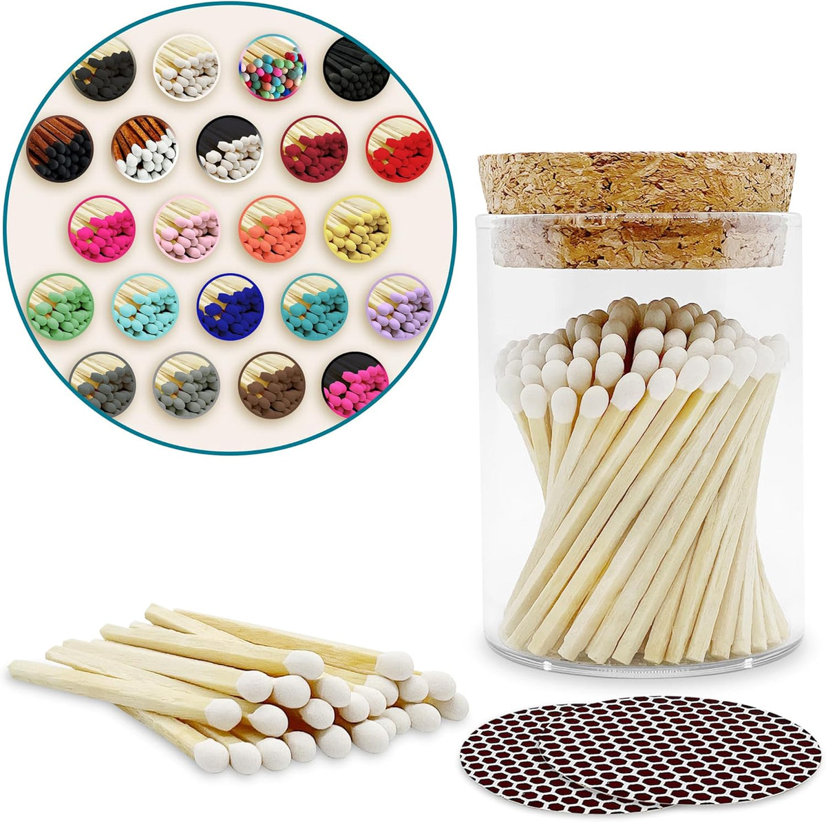 2" Matches in a Chic Jar + Striker Stickers Included | 100 Matchsticks in The Color of Your Choice