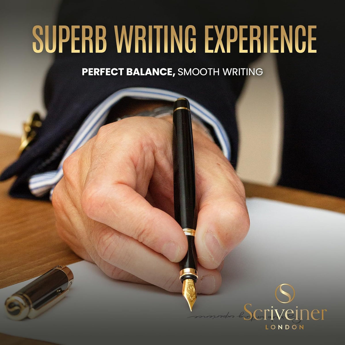 Scriveiner Black Lacquer Fountain Pen - Stunning Luxury Pen, Real Gold Finish, Schmidt Gilded Nib