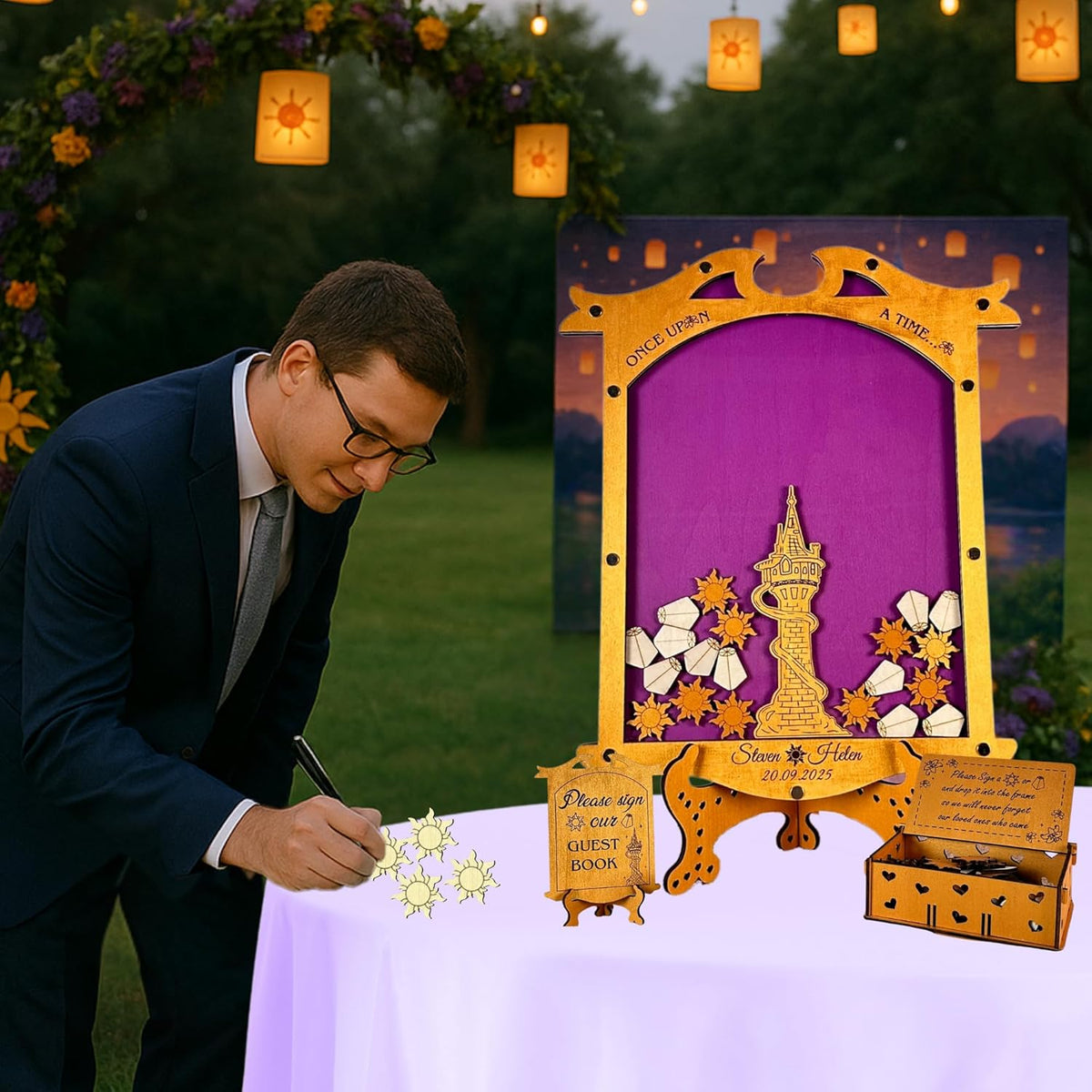 Tangled Guest Book Wedding Alternative | Gold Princess Tower Guestbook | Personalized Wooden Drop