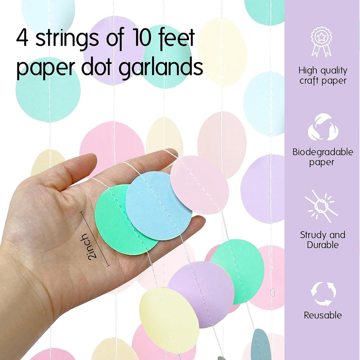 Chloe Elizabeth Circle Dots Paper Party Garland Streamer Backdrop (4-Pack, 10 Feet Per Garland, 40