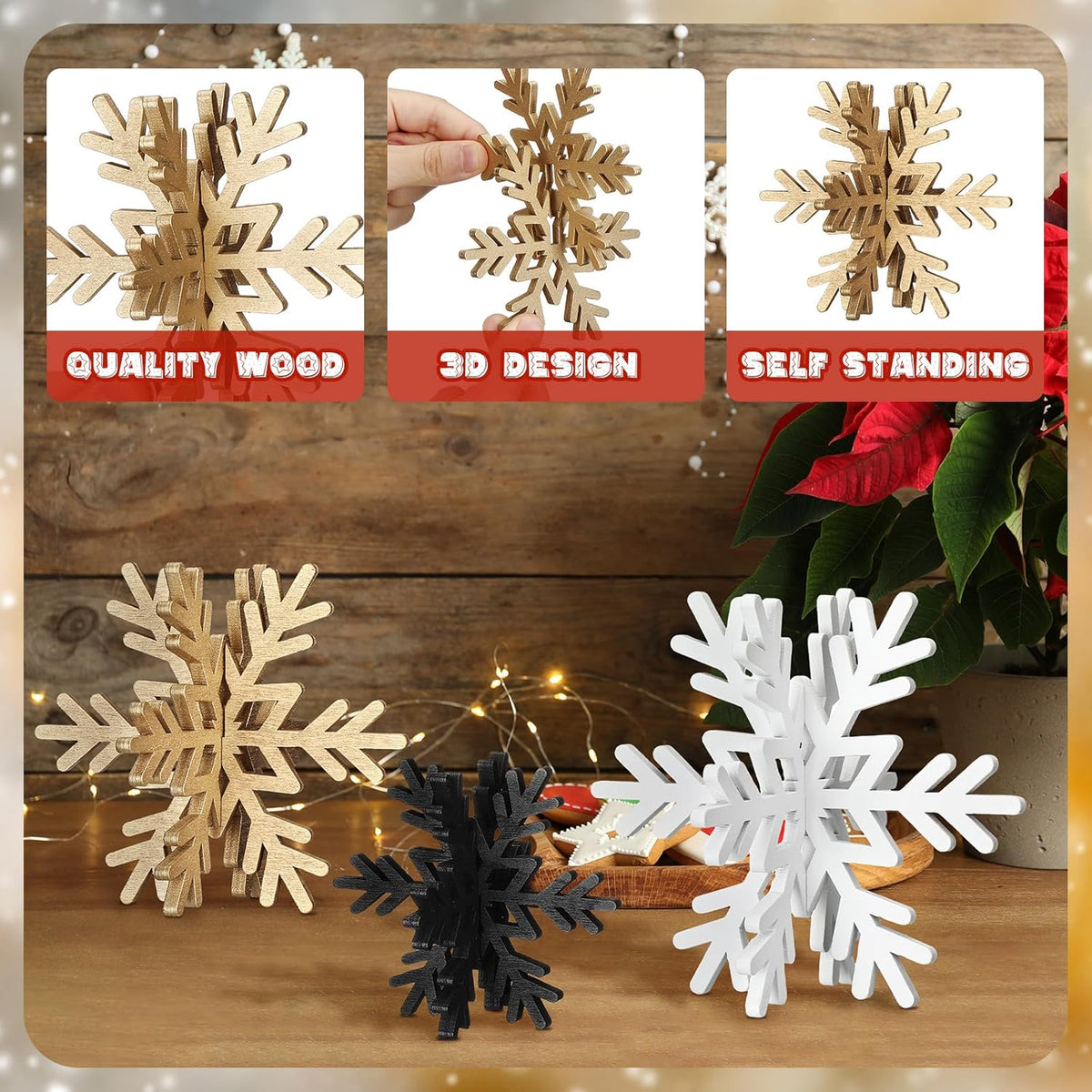 Bucherry 12 Pcs Wooden Snowflake Table Decor 3D Snowflake Tabletop Signs and Centerpiece for