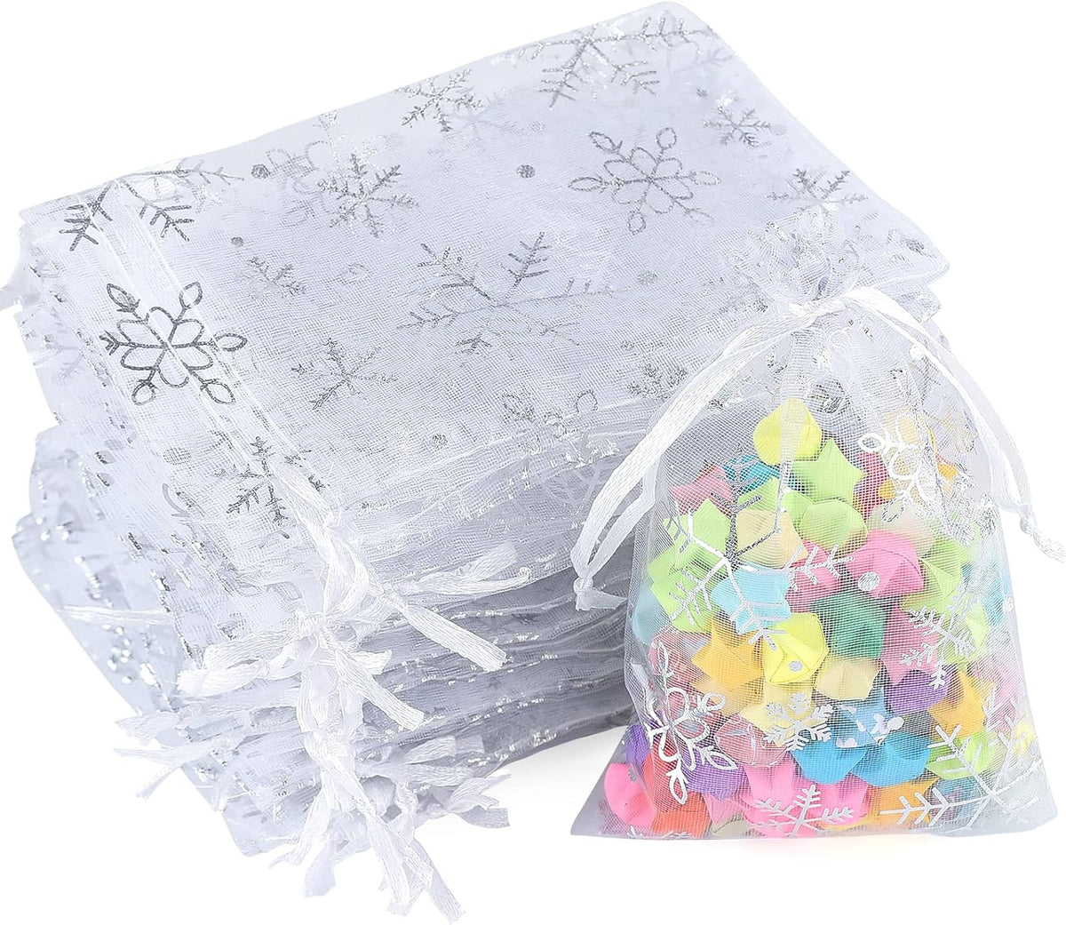jijAcraft 4x6 Inch Christmas Organza Bags - 50Pcs White Snowflake Gift Bags with Drawstring, Xmas