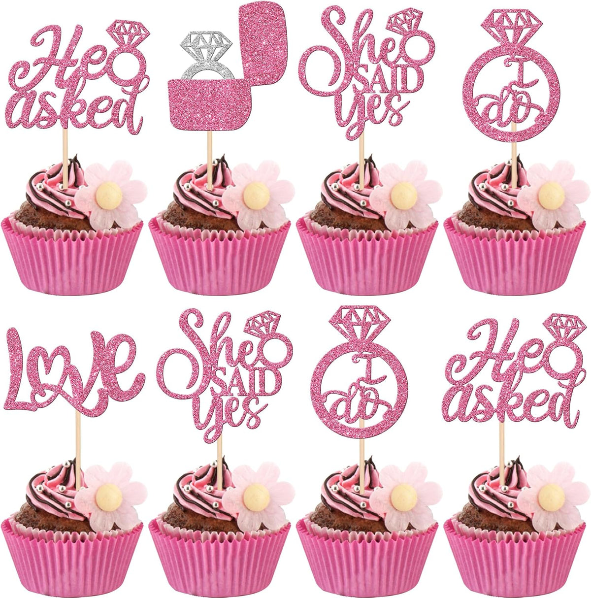 30 PCS He Asked She Said Yes Cupcake Toppers Diamond Ring Cupcake Picks Love I Do Cake Picks for