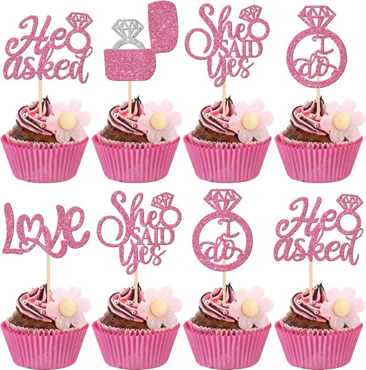 30 PCS He Asked She Said Yes Cupcake Toppers Diamond Ring Cupcake Picks Love I Do Cake Picks for