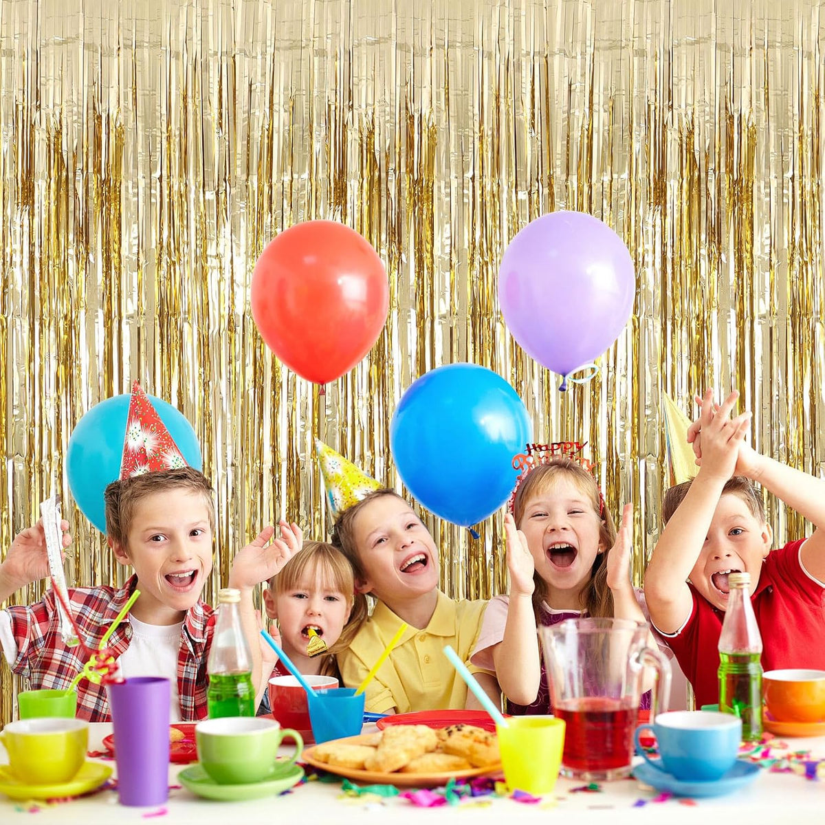 2 Pack Champagne Fringe Curtains Foil Shiny Fringe Backdrop Tinsel Door Streamers Foil Curtains for