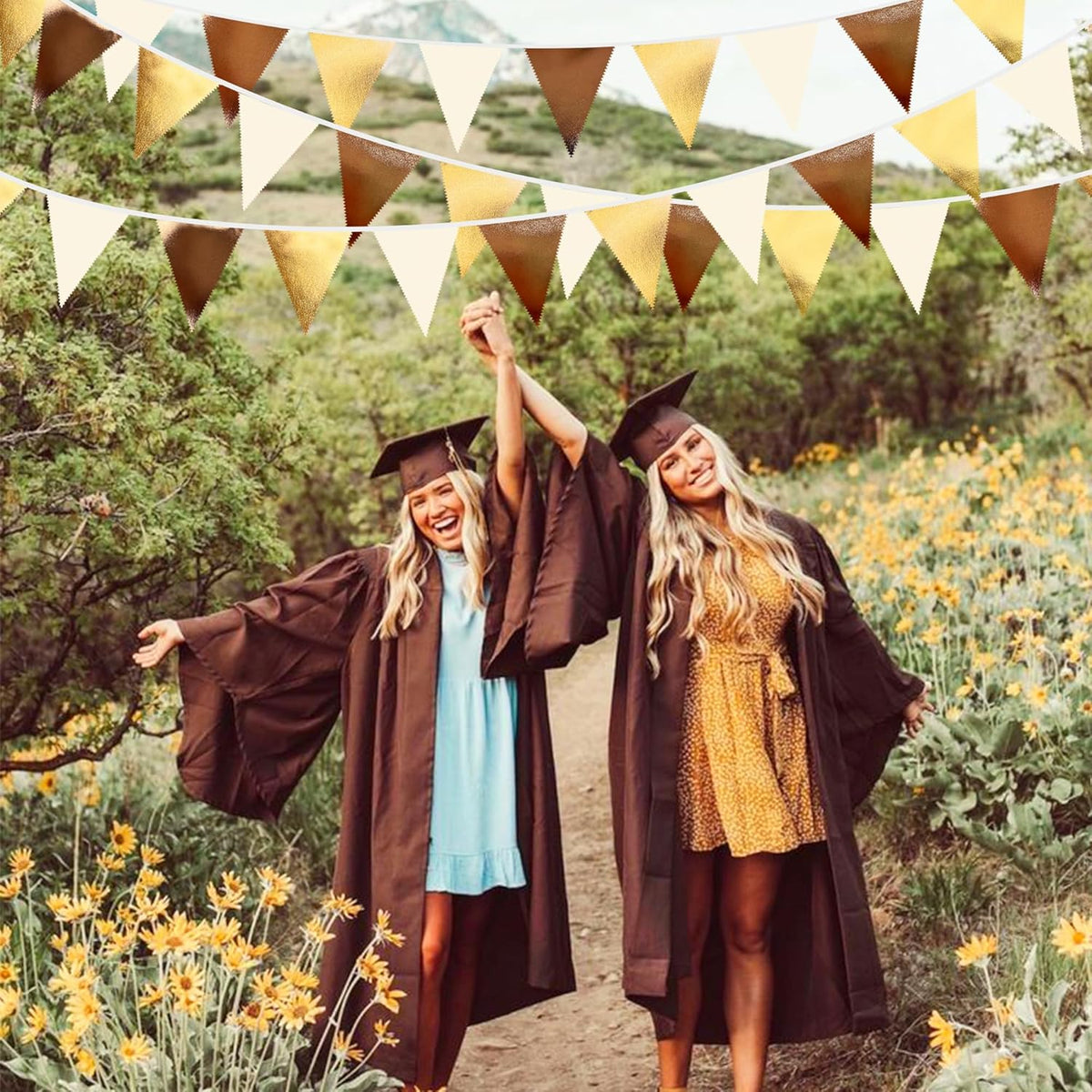 Brown Beige and Gold Party Decorations Fabric Triangle Pennant Banner Flag Bunting Garland for Boho