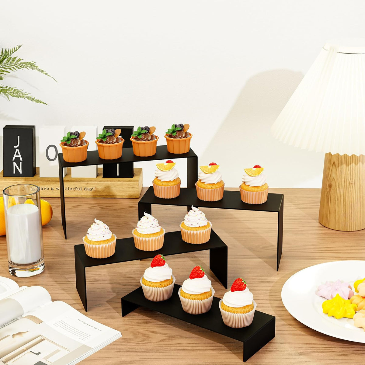 Black Matte Metal Display Stand,8 Pcs 2 Set Display Risers, Metal Rectangular Display Shelf for