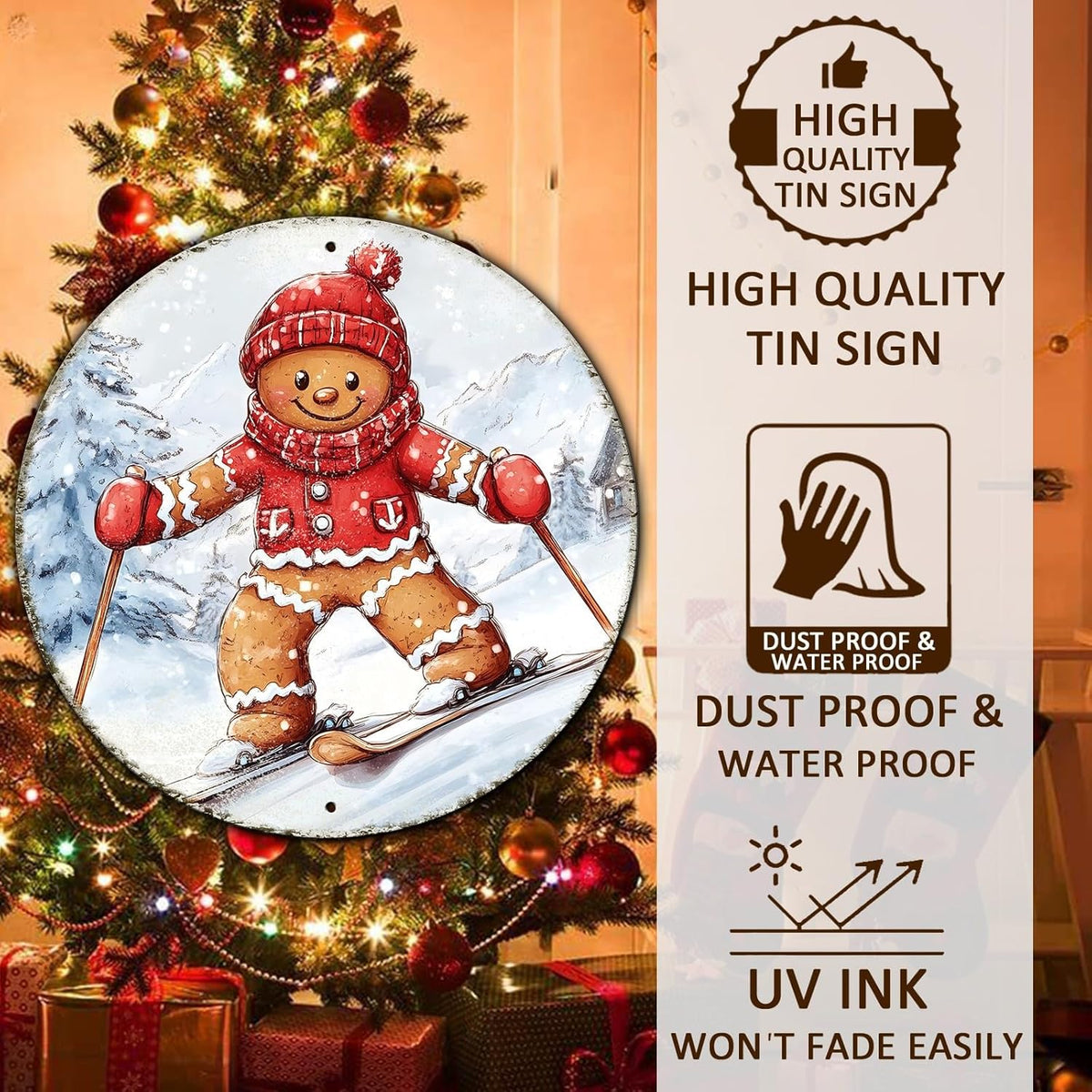Round Gingerbread Man Ski Vintage Metal Sign Skiing Sign, Office Sign Home Décor Ski Lodge Décor