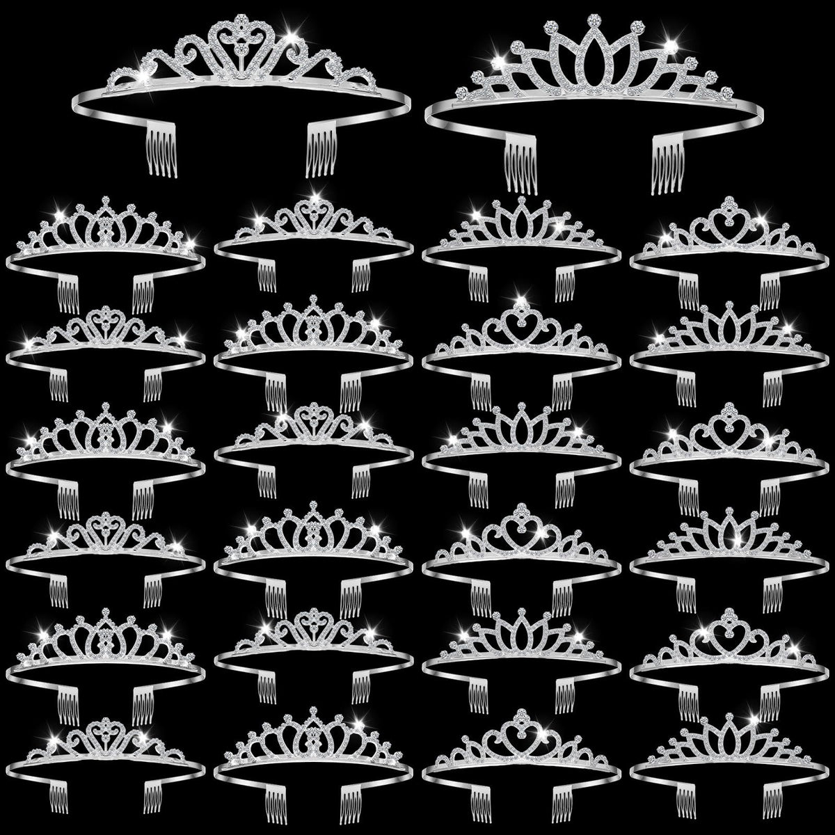 Yuefunny 24 Pcs Crystal Tiara Crowns for Women Bulk Rhinestone Princess Headband Crown with Combs