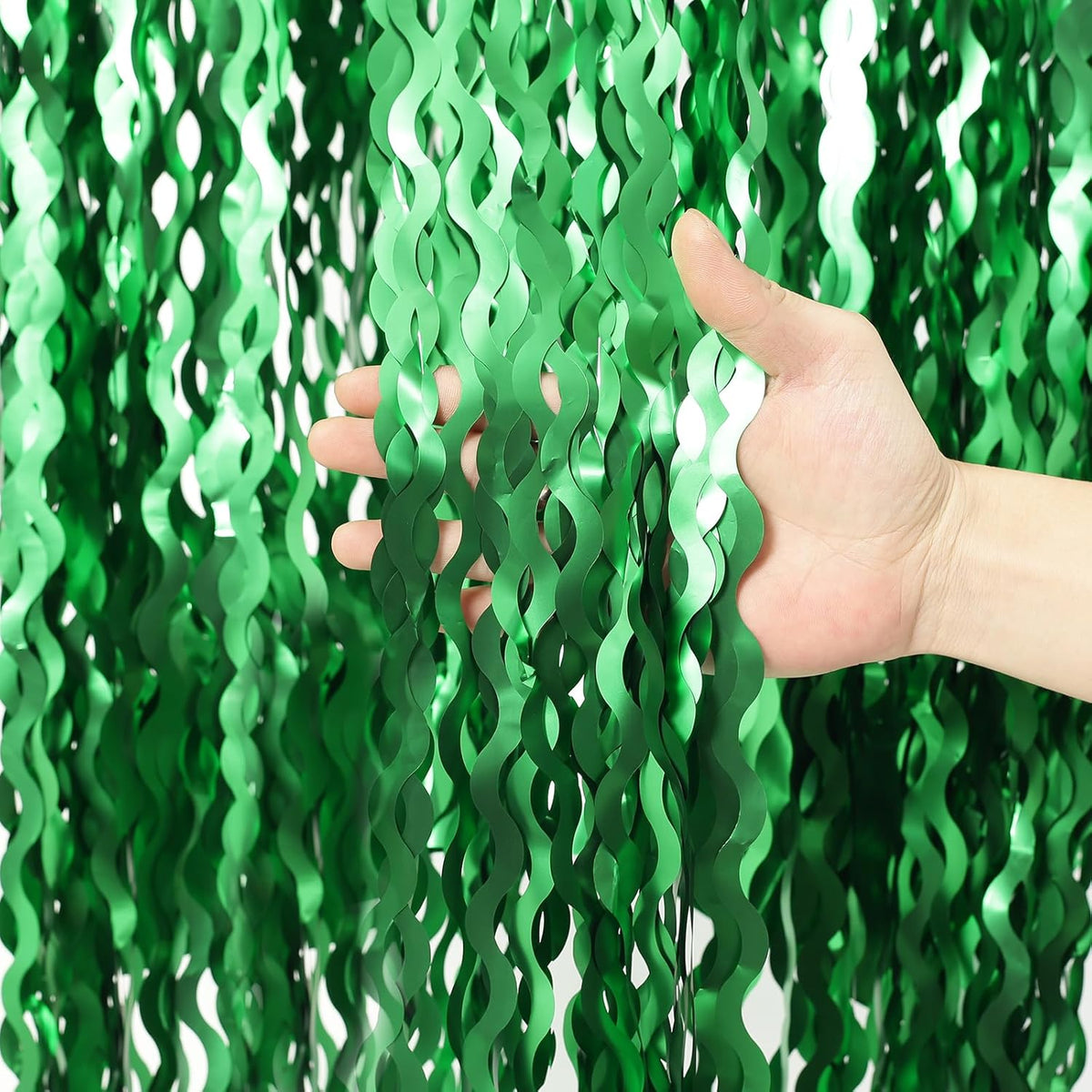 4Pcs Wavy Green Fringe Backdrop -3.3x6.6ft Green Streamer Foil Curtains for Jungle Party