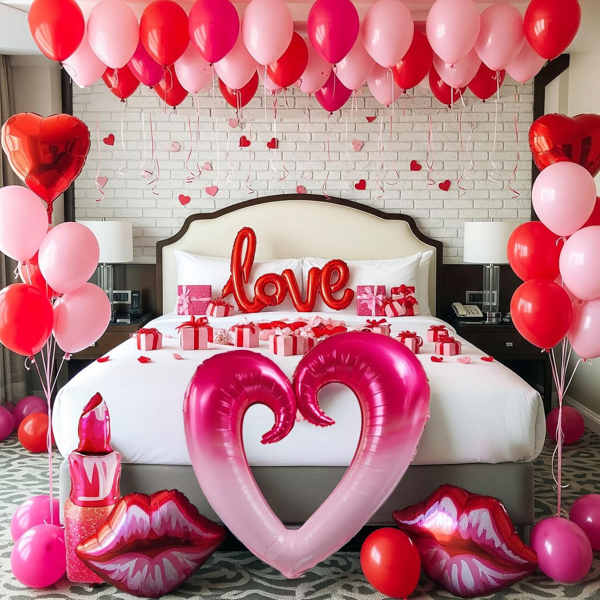 Valentines Day balloon garland arch kit with red Hot pink and love theme mylar lip heart-shaped