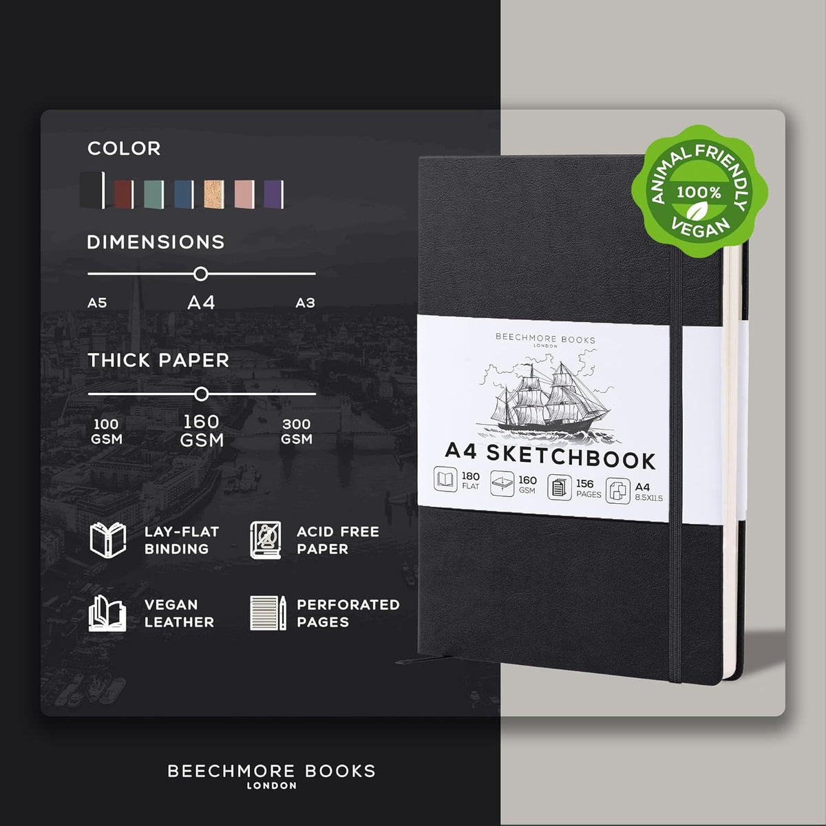 Beechmore Books A4 Sketchbook ??8.5x11 Premium Vegan Leather Bound Large Sketch Book Hardcover with