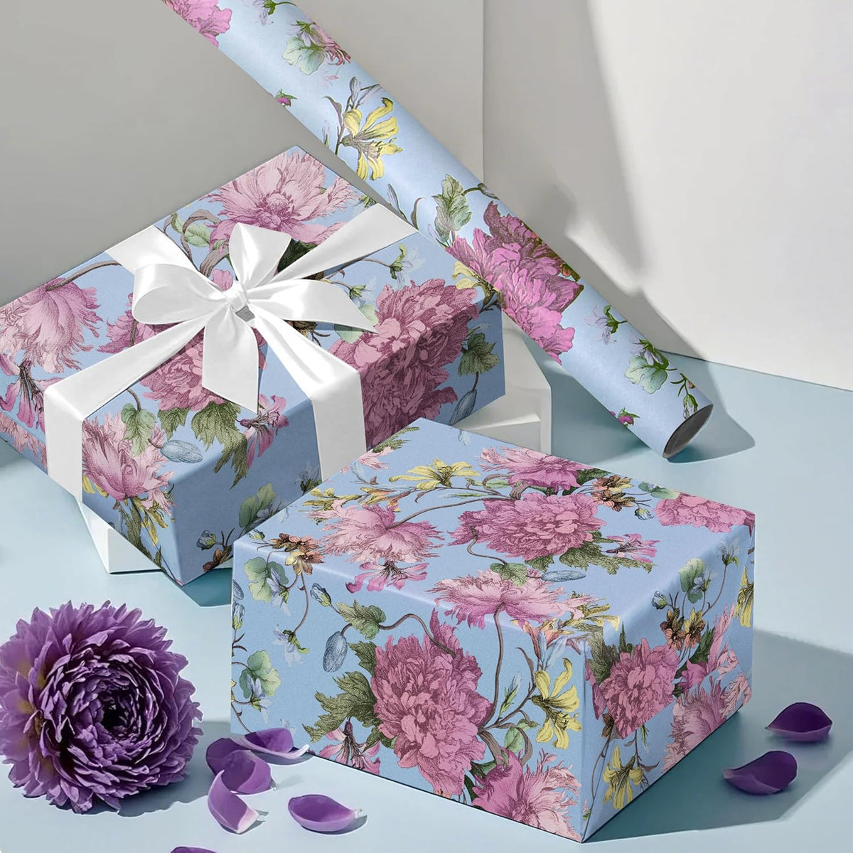 WRAPAHOLIC Kraft Floral Wrapping Paper Roll - Mini Roll - 17 Inch x 16.5 Feet - Vintage Flower
