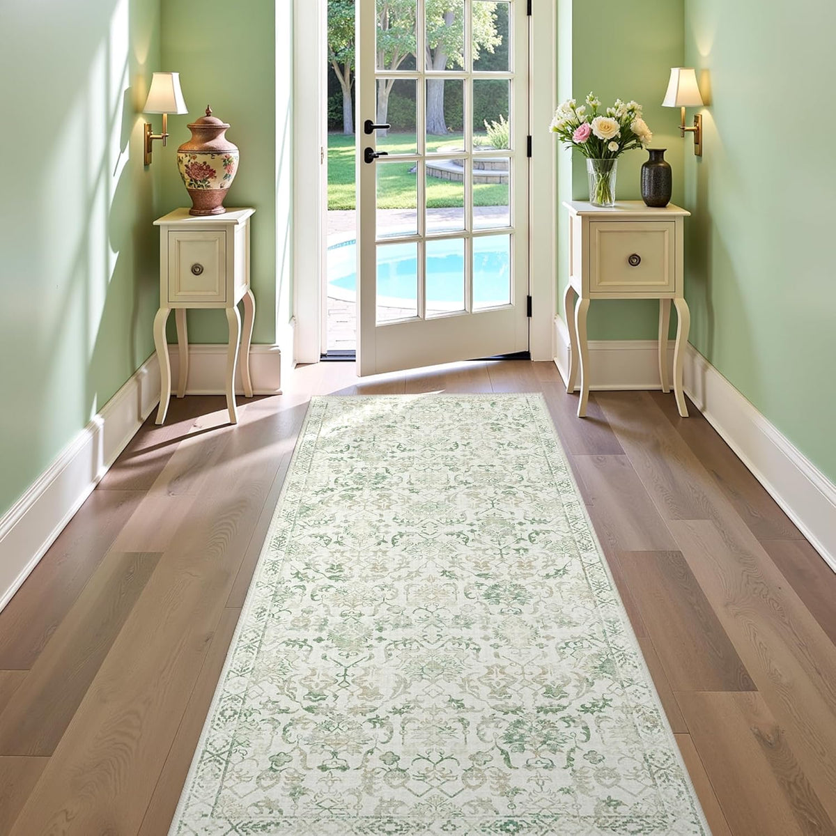 Green 3x12 Runner Rug for Hallways Bed Side Kitchen, Boho Washable Distressed Low-Pile Floor