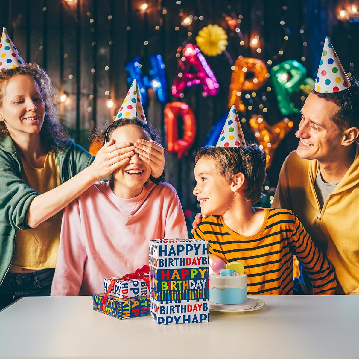 Birthday Wrapping Paper Roll - 30 Inch X 33 Feet - Reversible Metallic Foil Navy Blue Party Hat