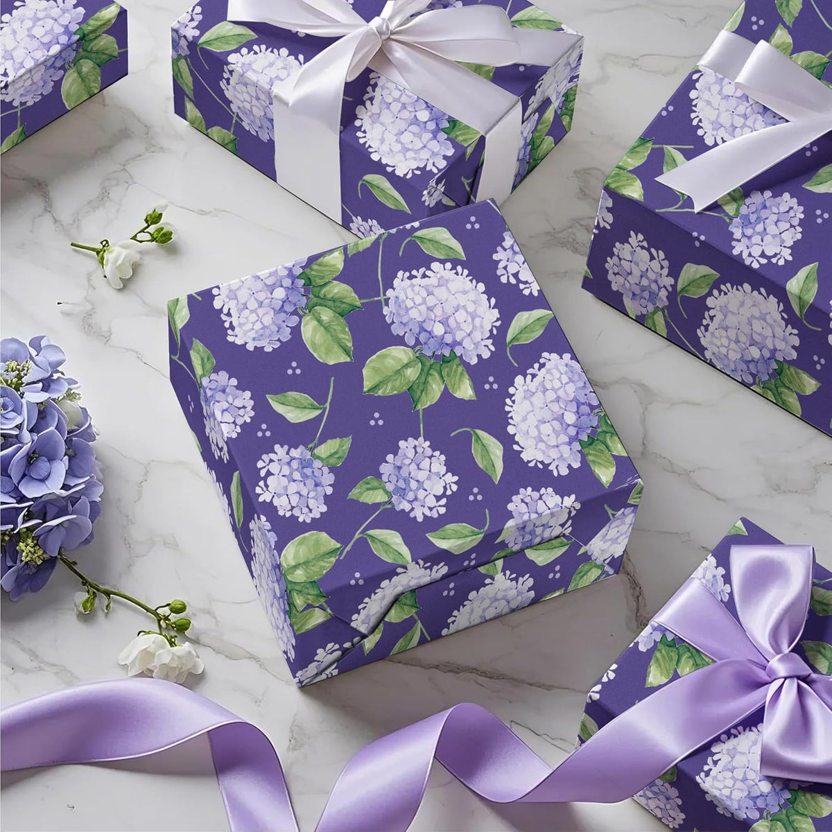 WRAPAHOLIC Kraft Hydrangea Floral Wrapping Paper Roll - Mini Roll - 17 Inch x 16.5 Feet - Blue