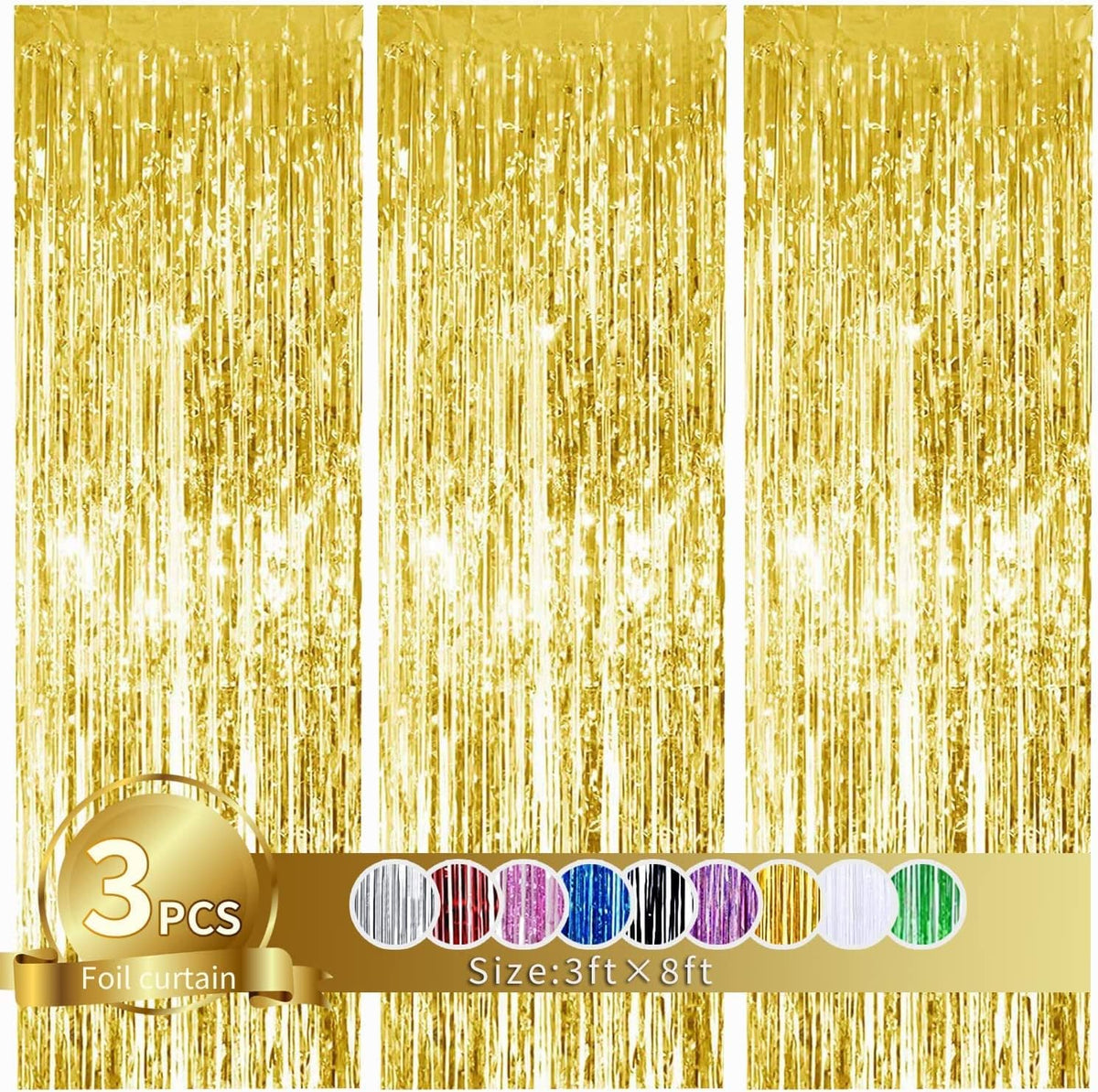 3Pcs Gold Metallic Tinsel Foil Fringe Curtains,3.2ft*8ft Gold Photo Booth Backdrop Streamer,Photo