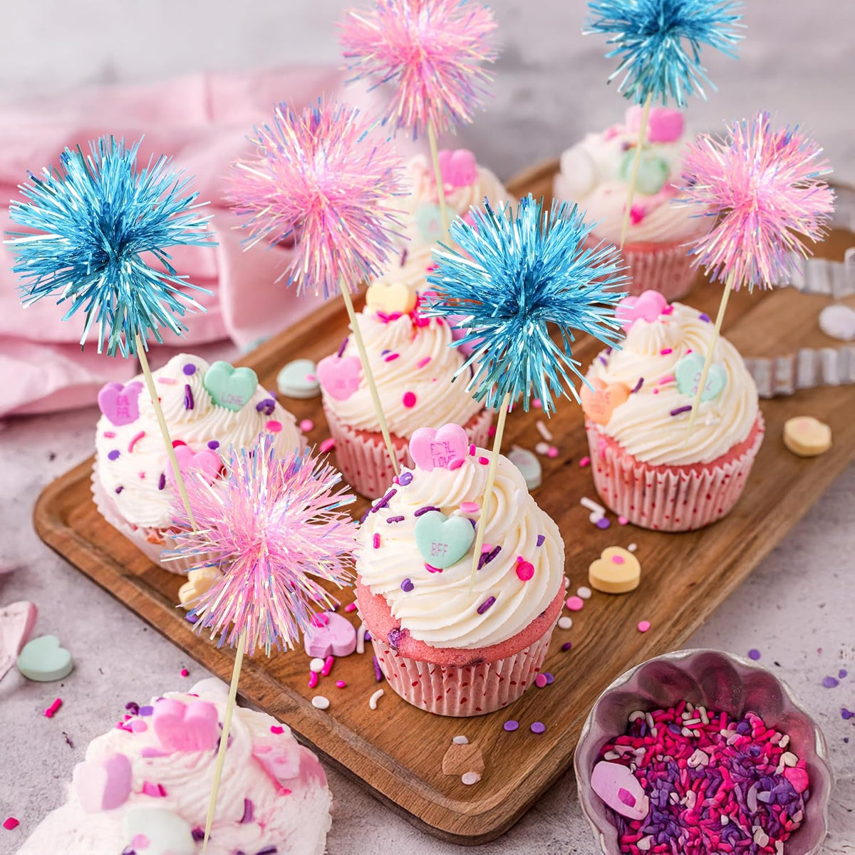 Ephlyn 30Pcs Foil Firework Cupcake Toppers Sparkle Tinsel Cupcake Picks Happy Birthday Cake