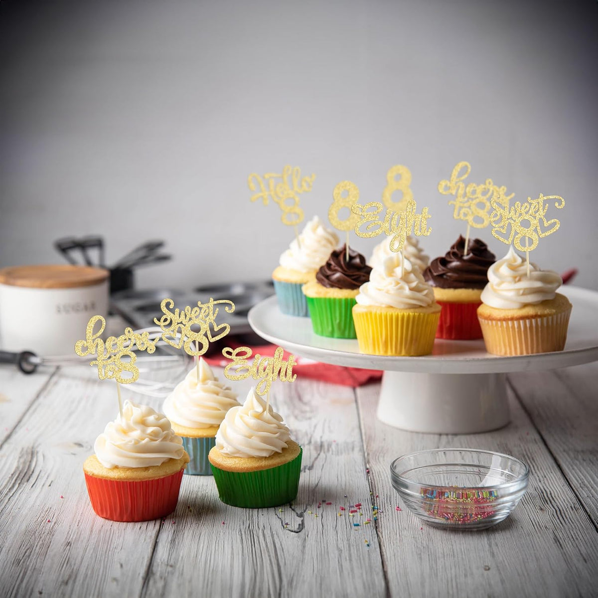 30Pcs 8th Birthday Cupcake Toppers Glitter Eight Hello 8 Cupcake Picks Cheers to 8 Years Old Cake