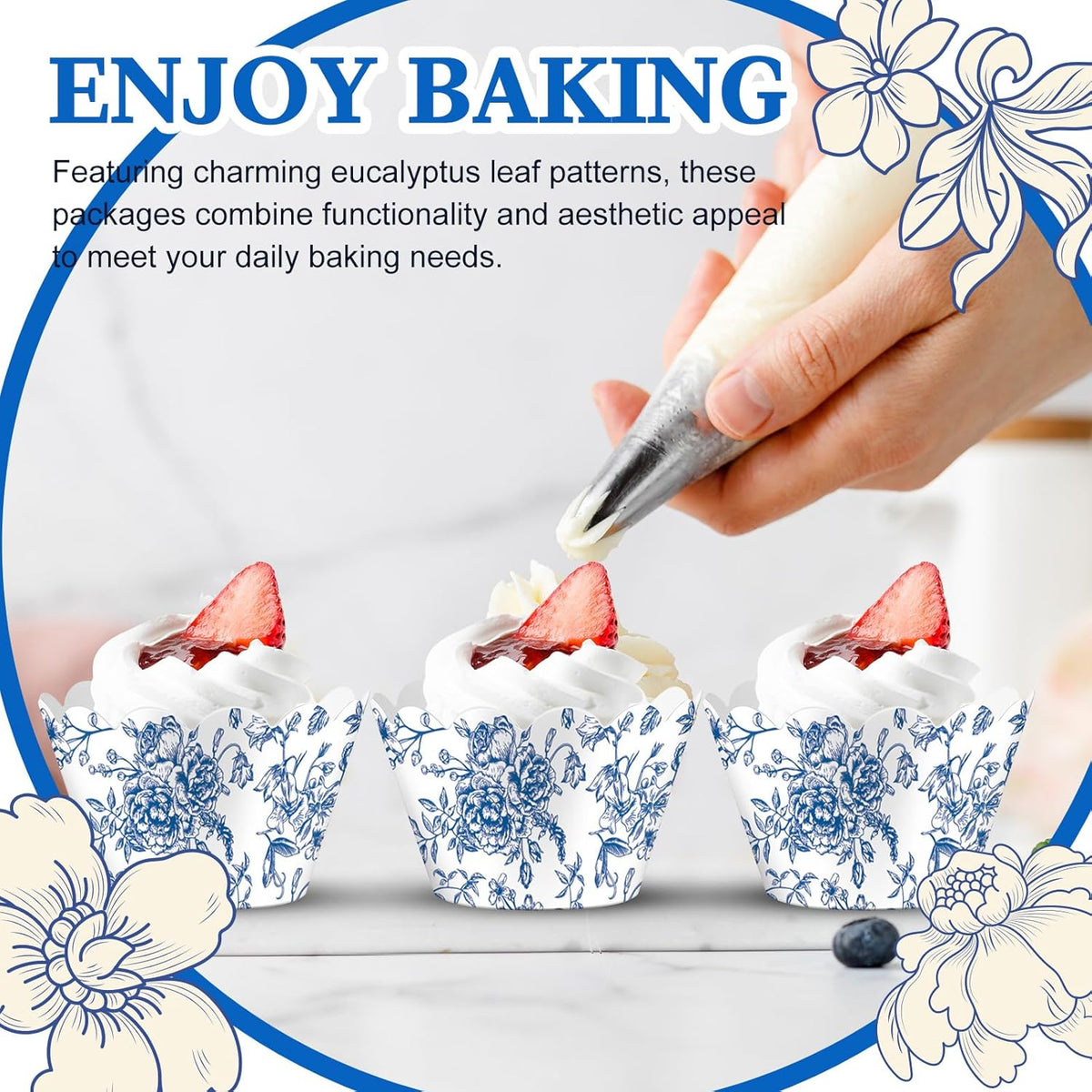 Domensi 100 Pcs Blue Floral Cupcake Wrappers Rustic Cupcake Liners Baking Cups Baking Liners for