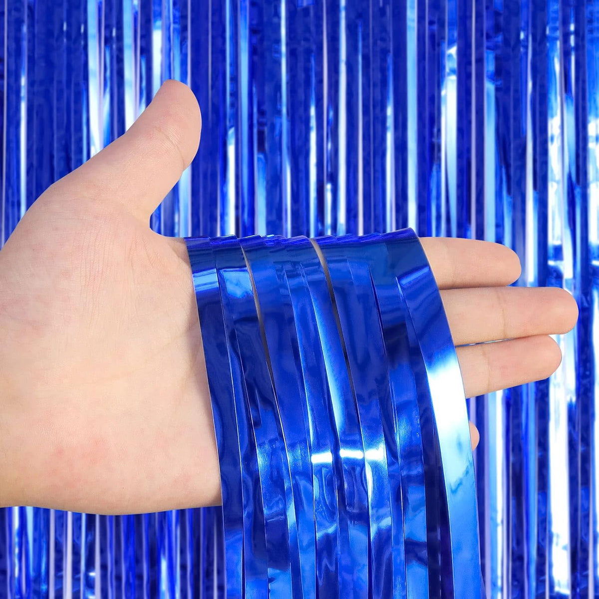 2 Pack Blue Fringe Curtains Foil Shiny Fringe Backdrop Tinsel Door Streamers Foil Curtains for
