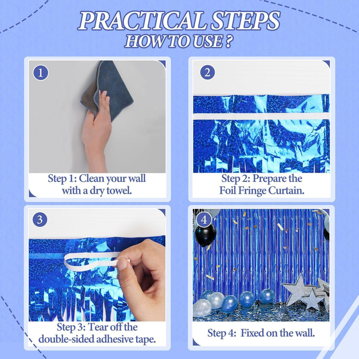 3 Pack Foil Fringe Backdrop - Laser Royal Blue Shiny Tinsel Curtains for Party Decoration/Photo
