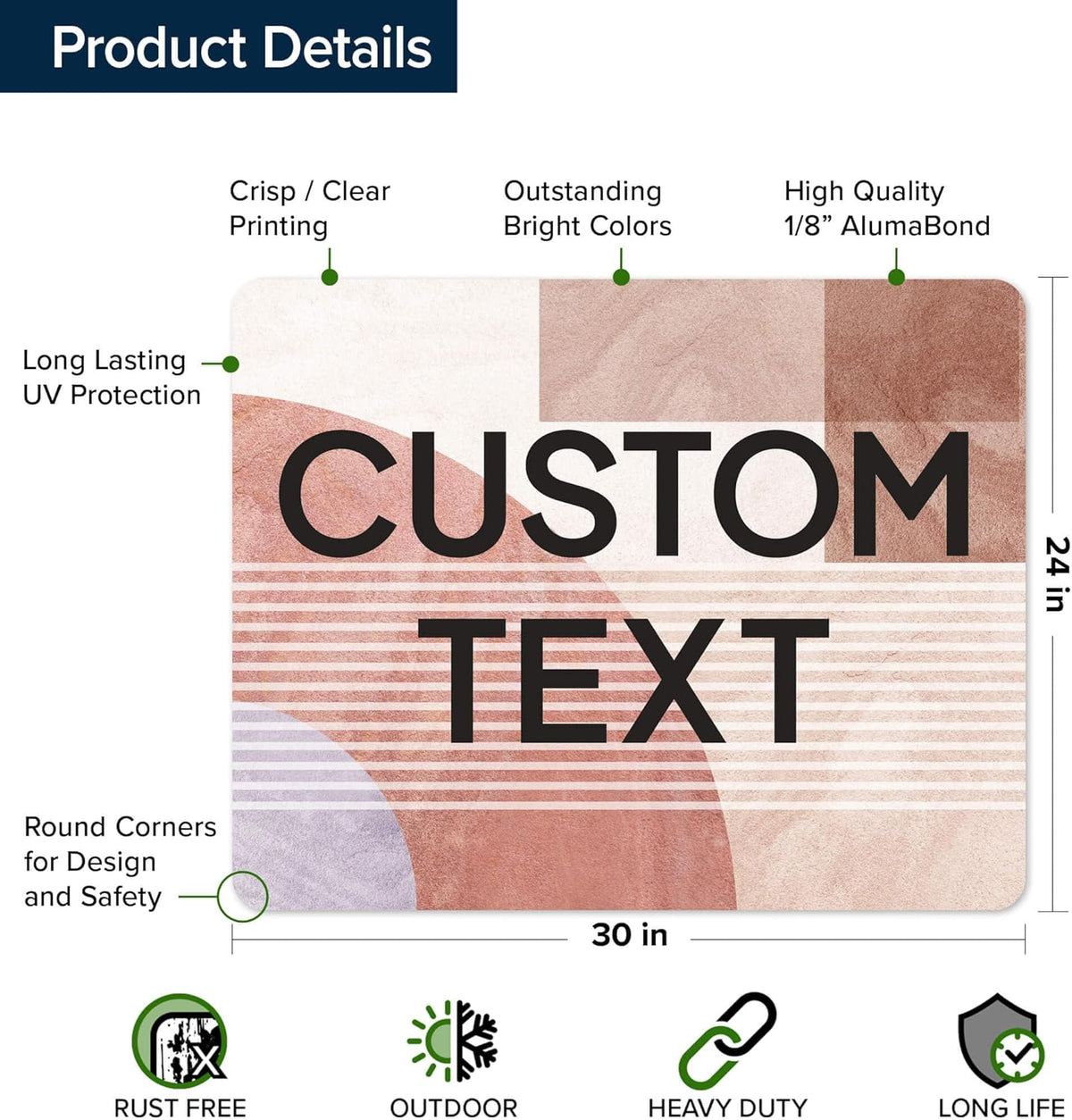 Custom Sign, Custom Street Sign, 11 Font Colors, 13 Font Styles, 4 Hole Options, 22 Sizes, 24x30