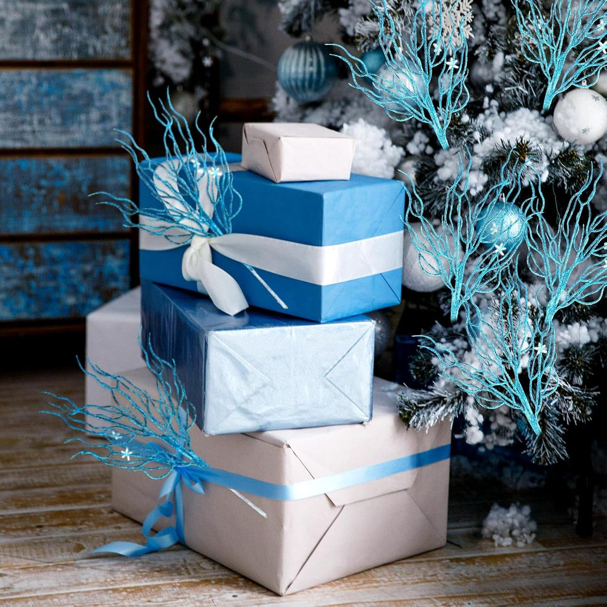 8 Pcs Blue Coastal Ornaments for Christmas Tree Artificial 15.7inch Glitter Coastal Ocean Branch