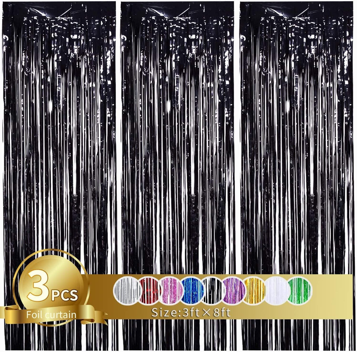 TONIFUL 3Pcs Black Door Streamers,Black Photo Booth Backdrop Metallic Streamers Foil Fringe