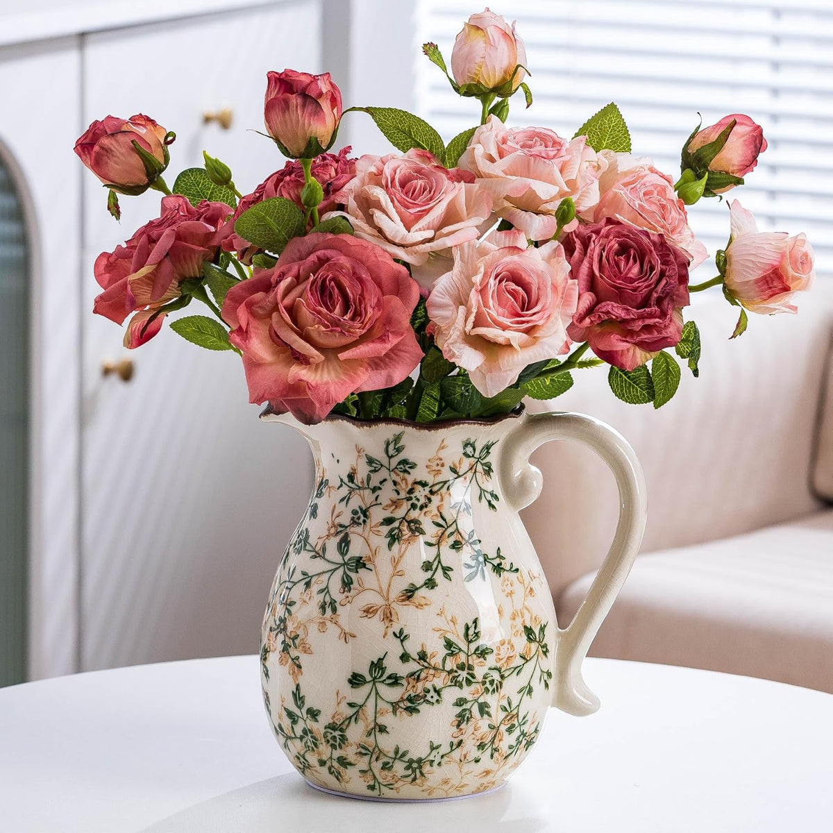 Green and White Vintage Vase with Handle, Chinoiserie Floral Pitcher Vase, Rustic Ceramic Farmhouse