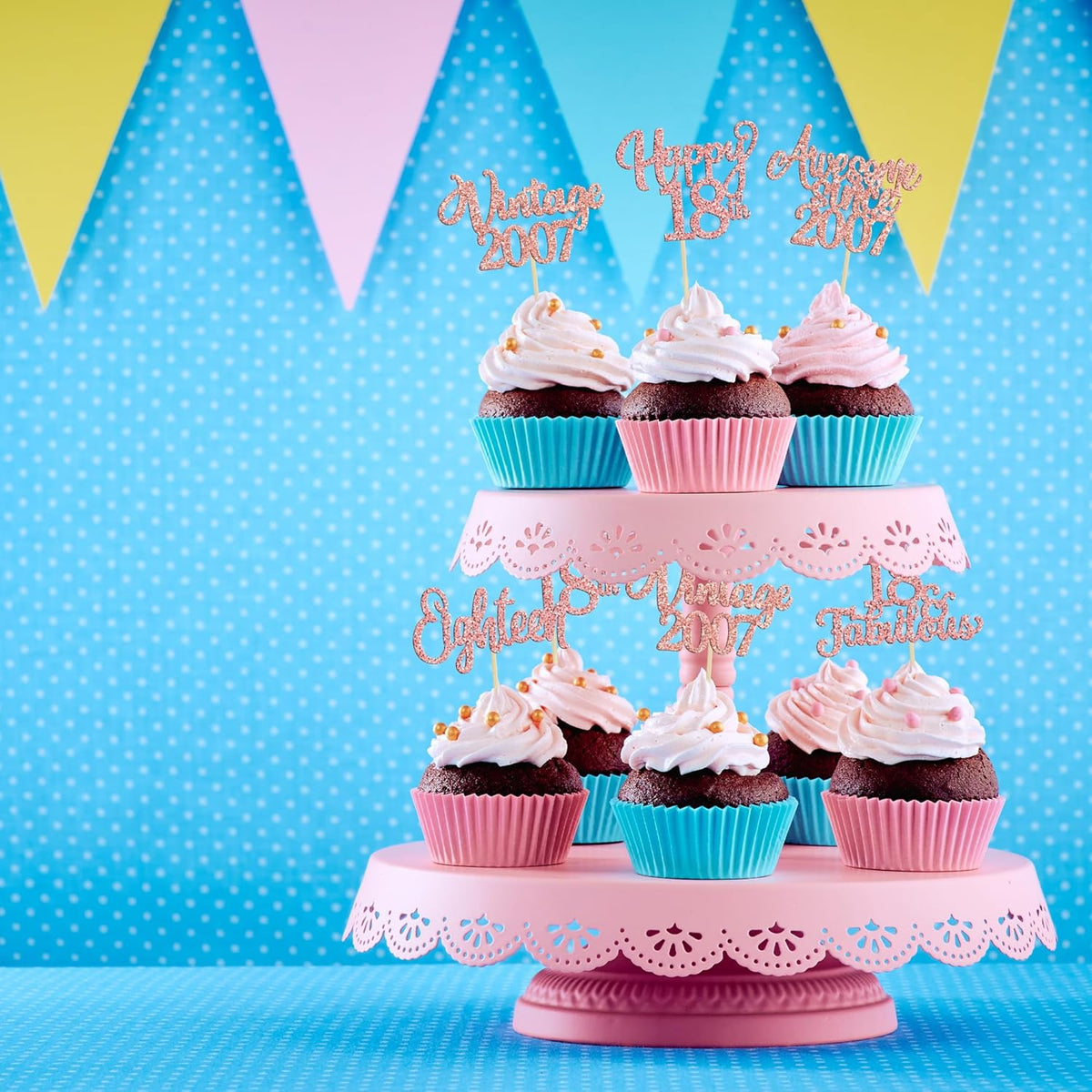 30Pcs Vintage 2007 Cupcake Toppers Glitter Eighteen 18 Fabulous Happy 18th Birthday Cupcake Picks