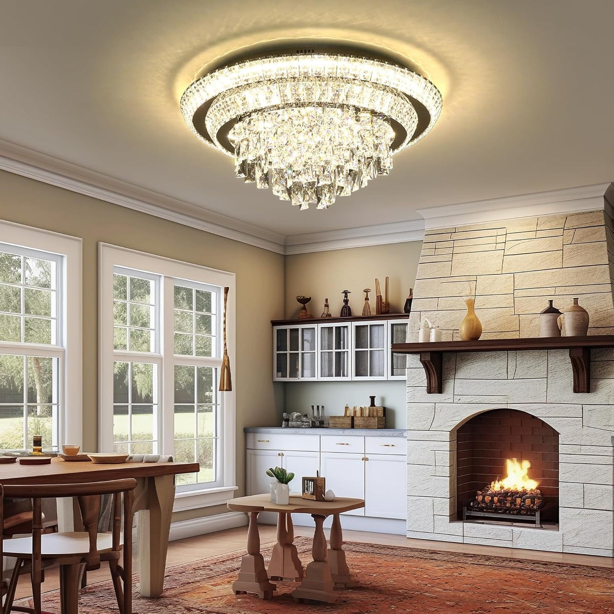 24 inch Crystal Silver Ceiling-Light Flush Mount with Remote Control and APP, 3CCT Dimmable &