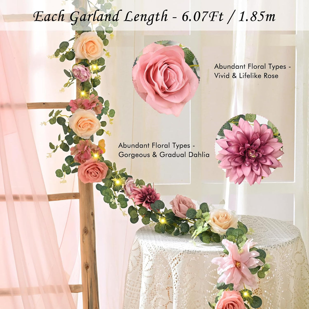 Waipfaru Artificial Flower Garland with Lights, 6.07Ft Lighted Eucalyptus Greenery Garland, Pink