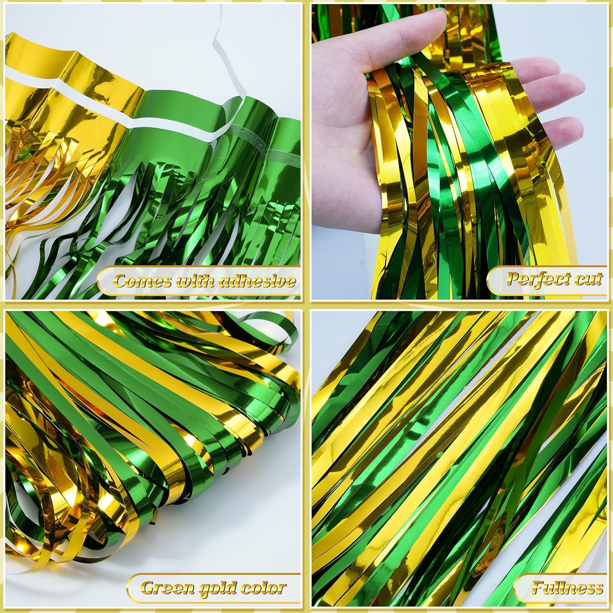 3Pack 3.3Ft x 6.6Ft Graduation Foil Fringe Curtain Backdrop Decorations, Green Gold Metallic Tinsel
