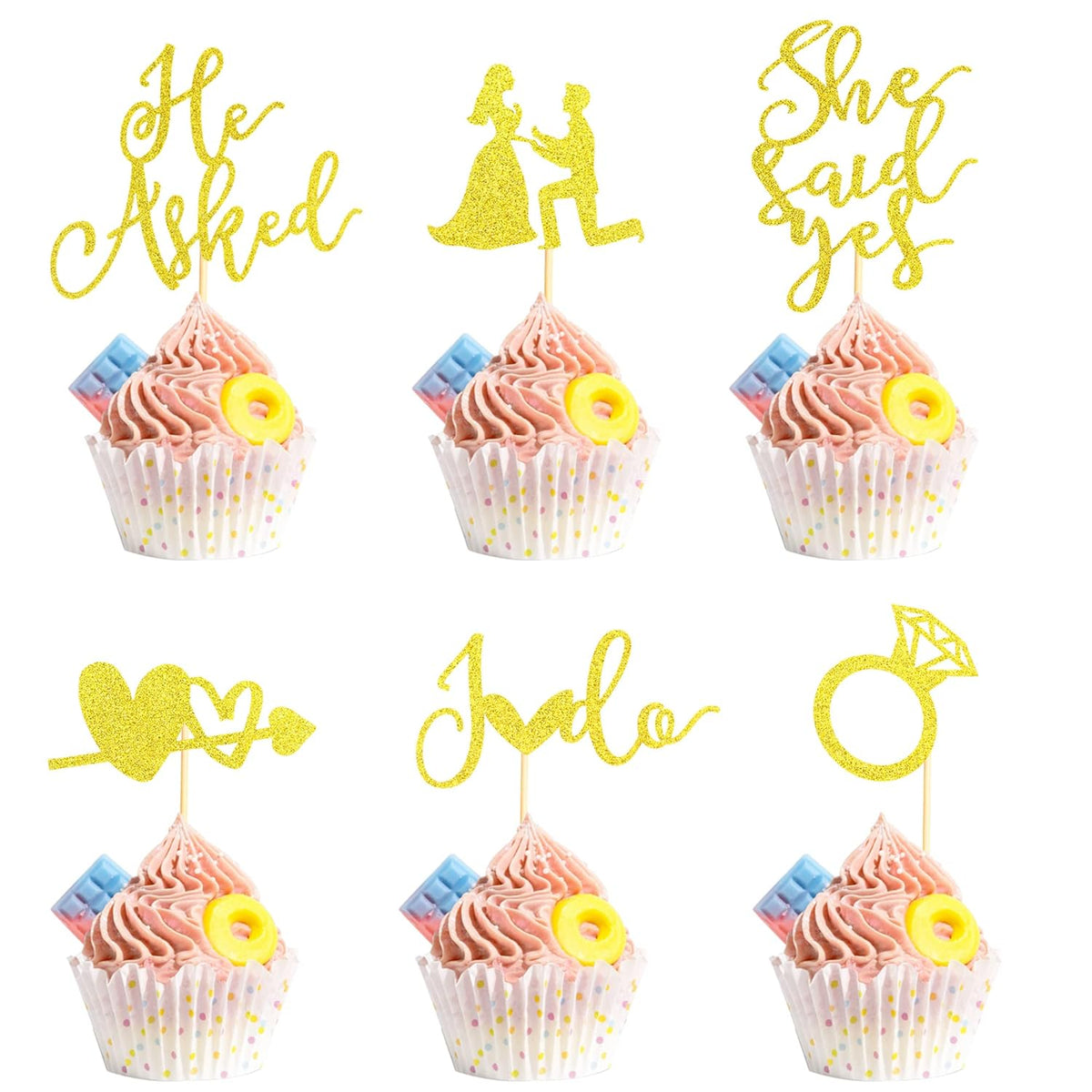 24Pcs He Asked She Said Yes Cupcake Toppers Diamond Ring Heart I Do Cake Picks for Wedding