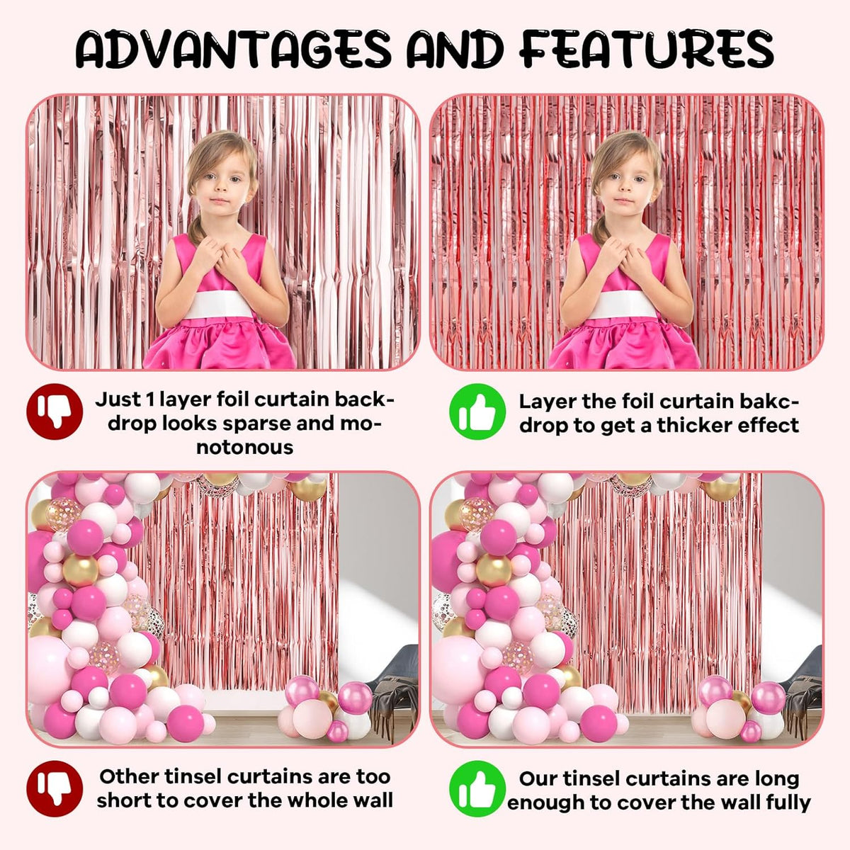2 Pack Rose Gold Foil Fringe Backdrop Curtains, Tinsel Streamers Birthday Party Decorations, Fringe