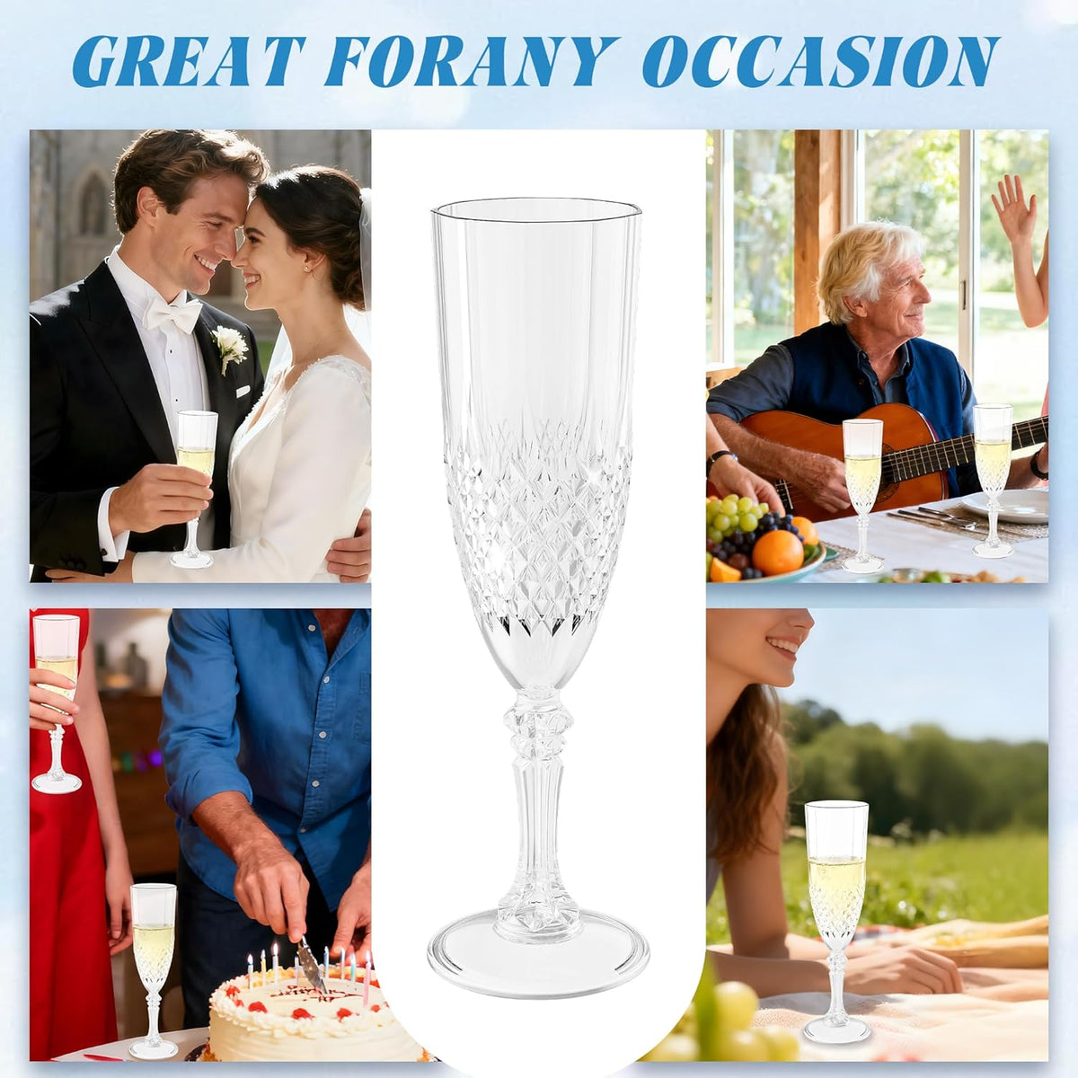 Plastic Champagne Flutes, 12PCS White Transparent Wine Glasses Goblets Cups Shatterproof Reusable