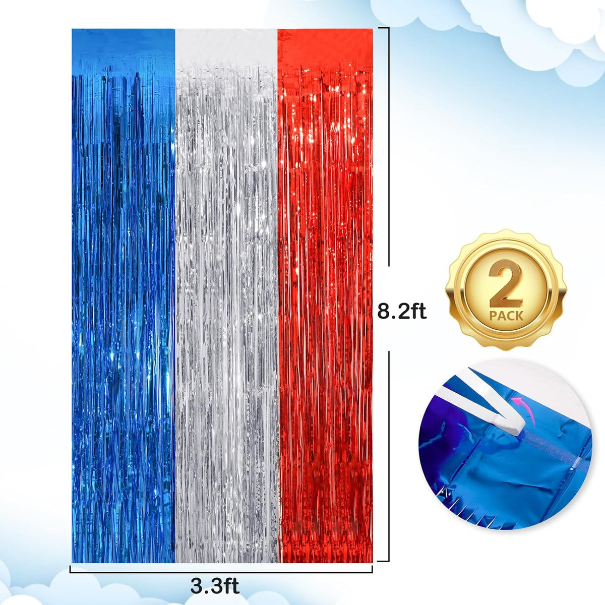 2Pack 3.3 x 8.3Ft Blue Red Silver Foil Fringe Streamers Curtain Metallic Foil Tinsel Fringe Door