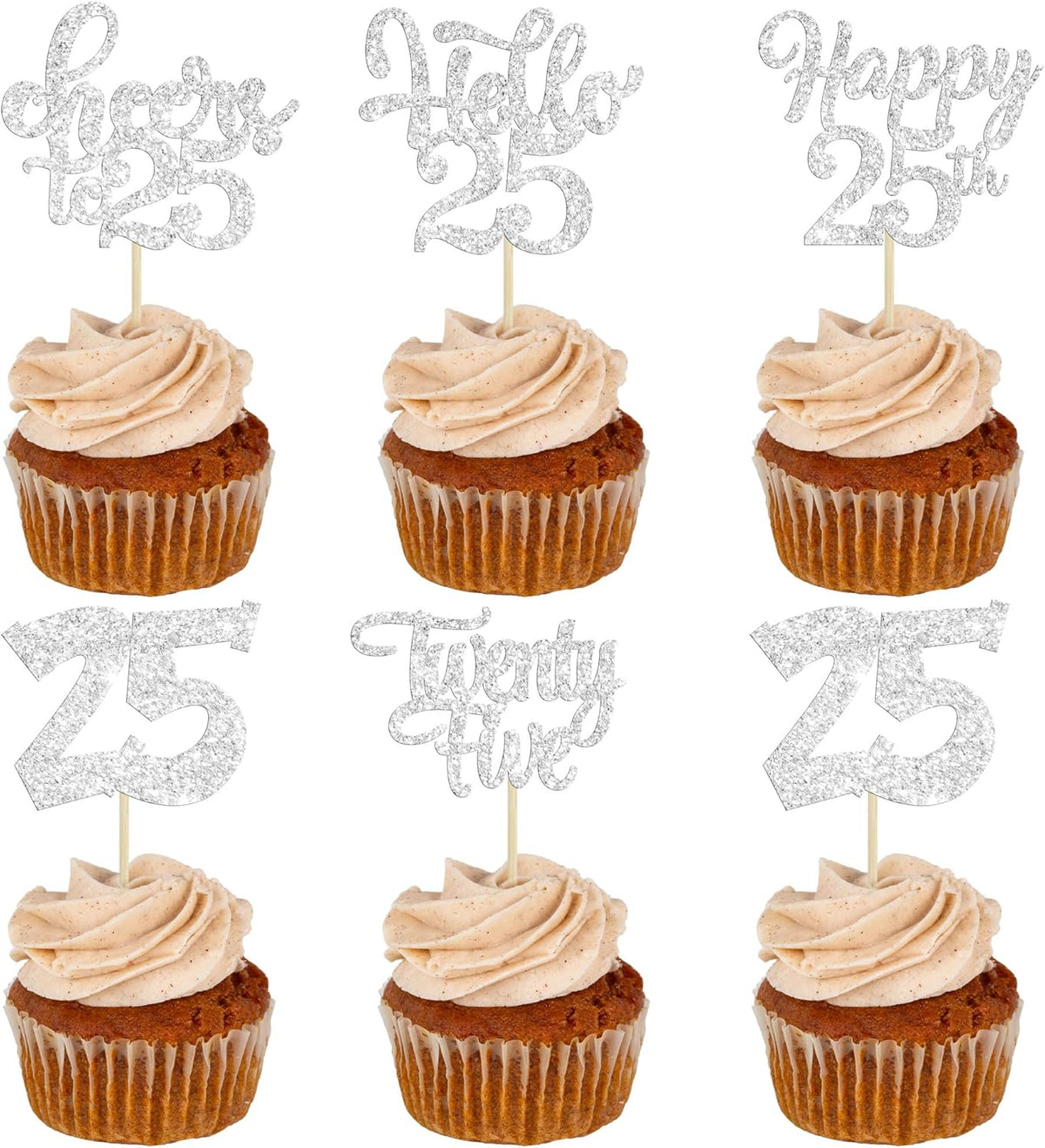 30pcs 25th Birthday Cupcake Toppers - Silver Glitter Cheers to 25 Years Old Cake Decorations for