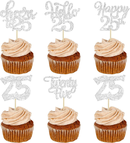 30pcs 25th Birthday Cupcake Toppers - Silver Glitter Cheers to 25 Years Old Cake Decorations for