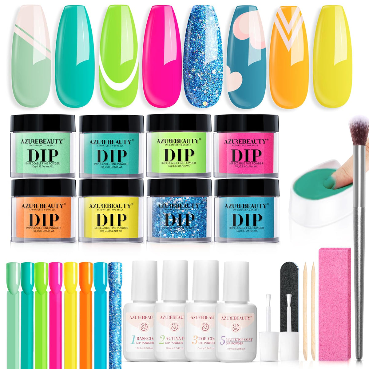 AZUREBEAUTY Dip Nails Powder Starter Kit, Summer Bright Pink Green Series Friendly Acrylic Dip