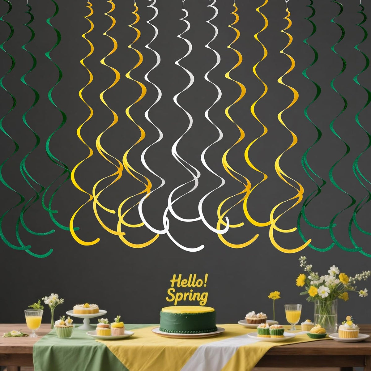 36 Pcs Green Yellow White Hanging Swirl Decorations Felt Swirl Streamer Spiral Ceiling Garland