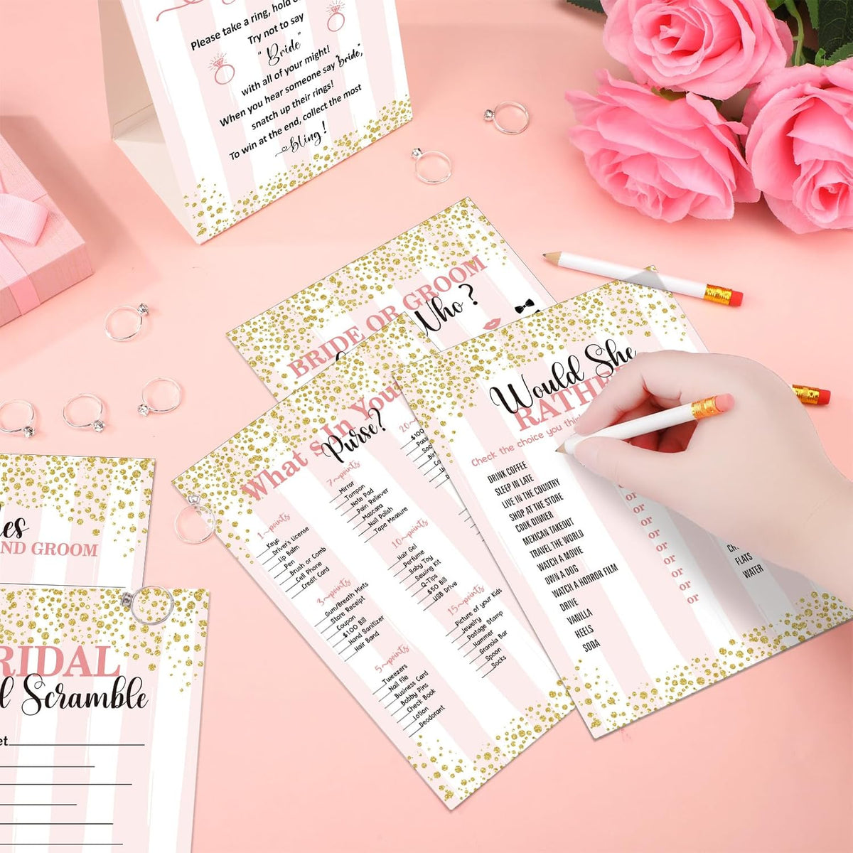Estune 331 Pcs Bridal Shower Games Supplies, 5 Sets 250 Pcs Wedding Cards 1 Put a Ring on It Bridal