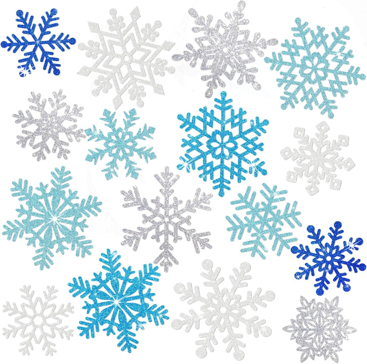 Winter Snowflake Cutouts Glitter Paper Decorations - 50Pcs Blue and Silver Double-Side Christmas
