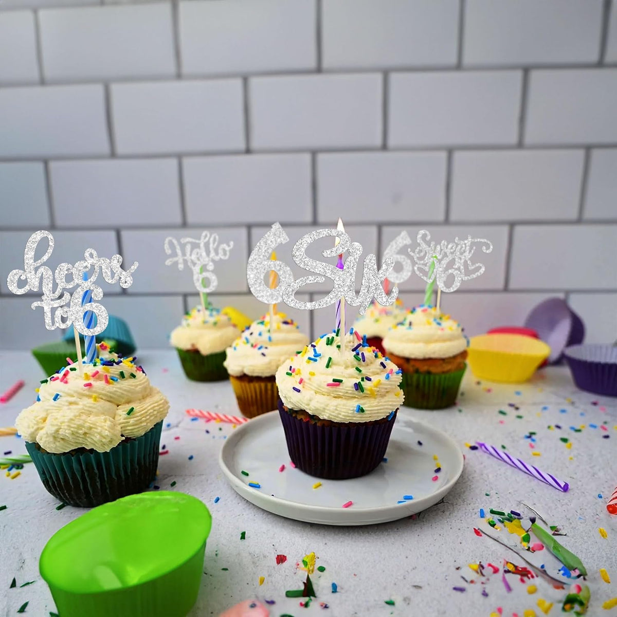 30Pcs 6th Birthday Cupcake Toppers Glitter Six Hello 6 Cupcake Picks Cheers to 6 Years Old Cake