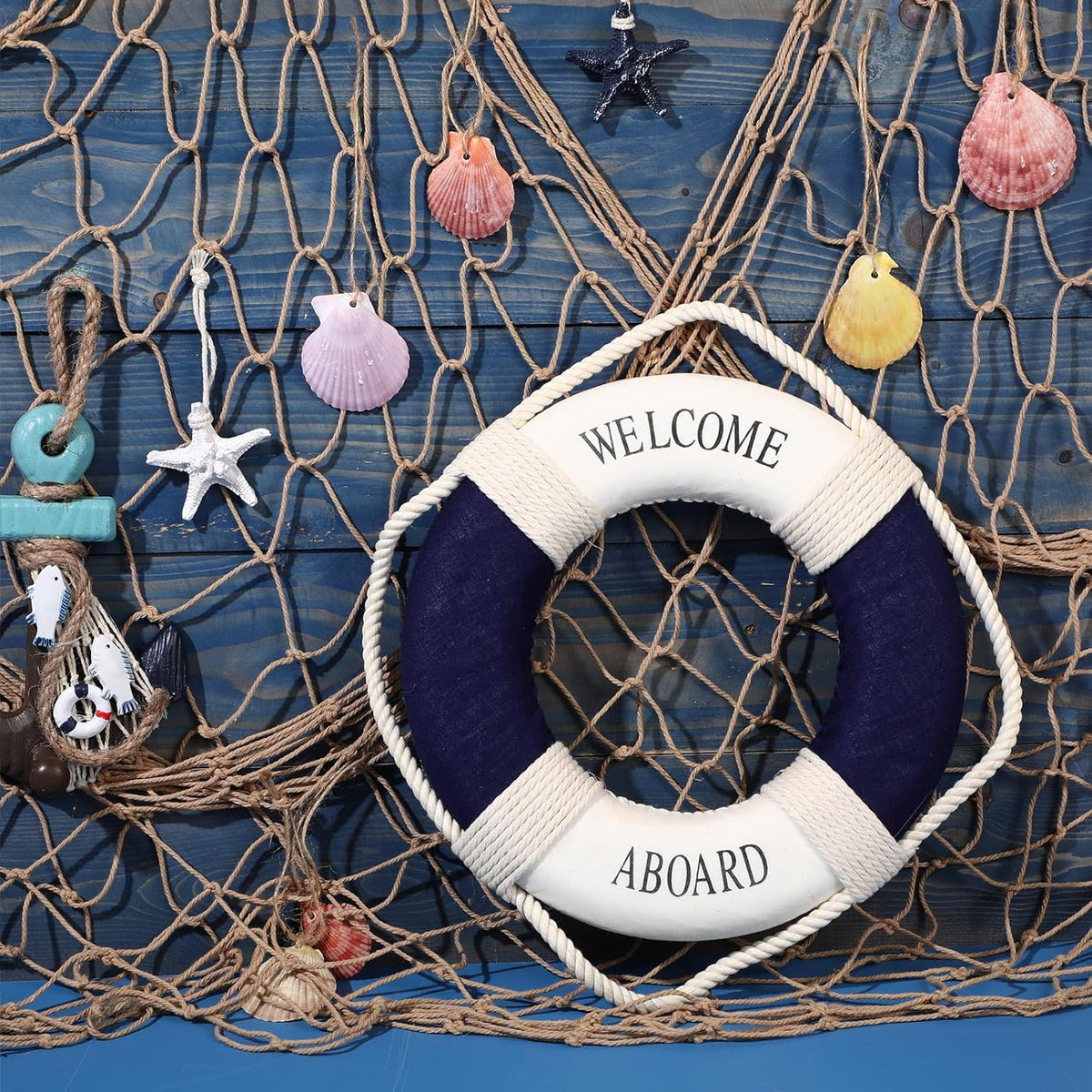 Marsui 11 Pcs Wooden Nautical Wall Decor Fishing Net Decoration, Include Decorative Fishing Net